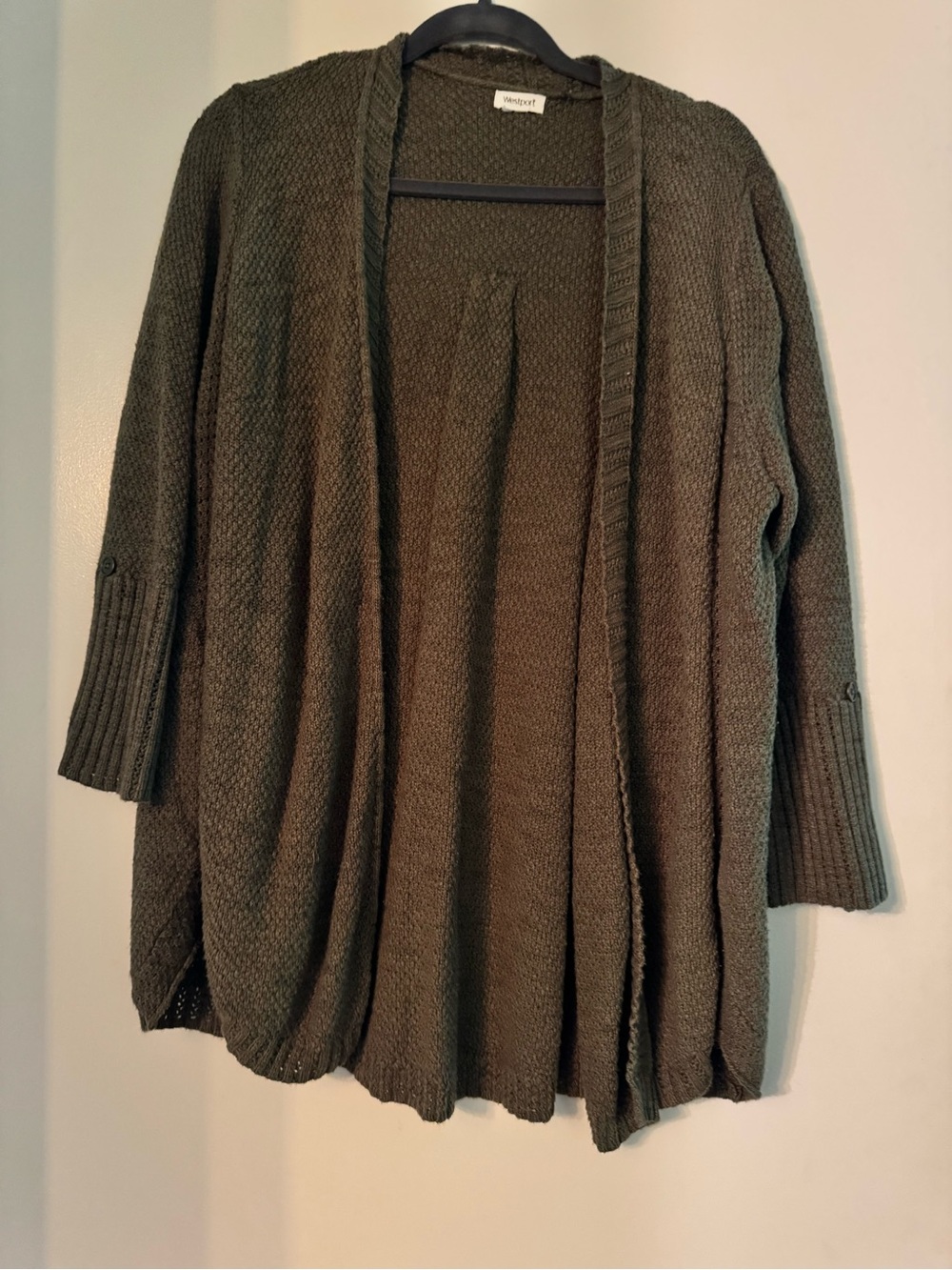 Westport Olive Open-Front Draped Knit Cardigan
